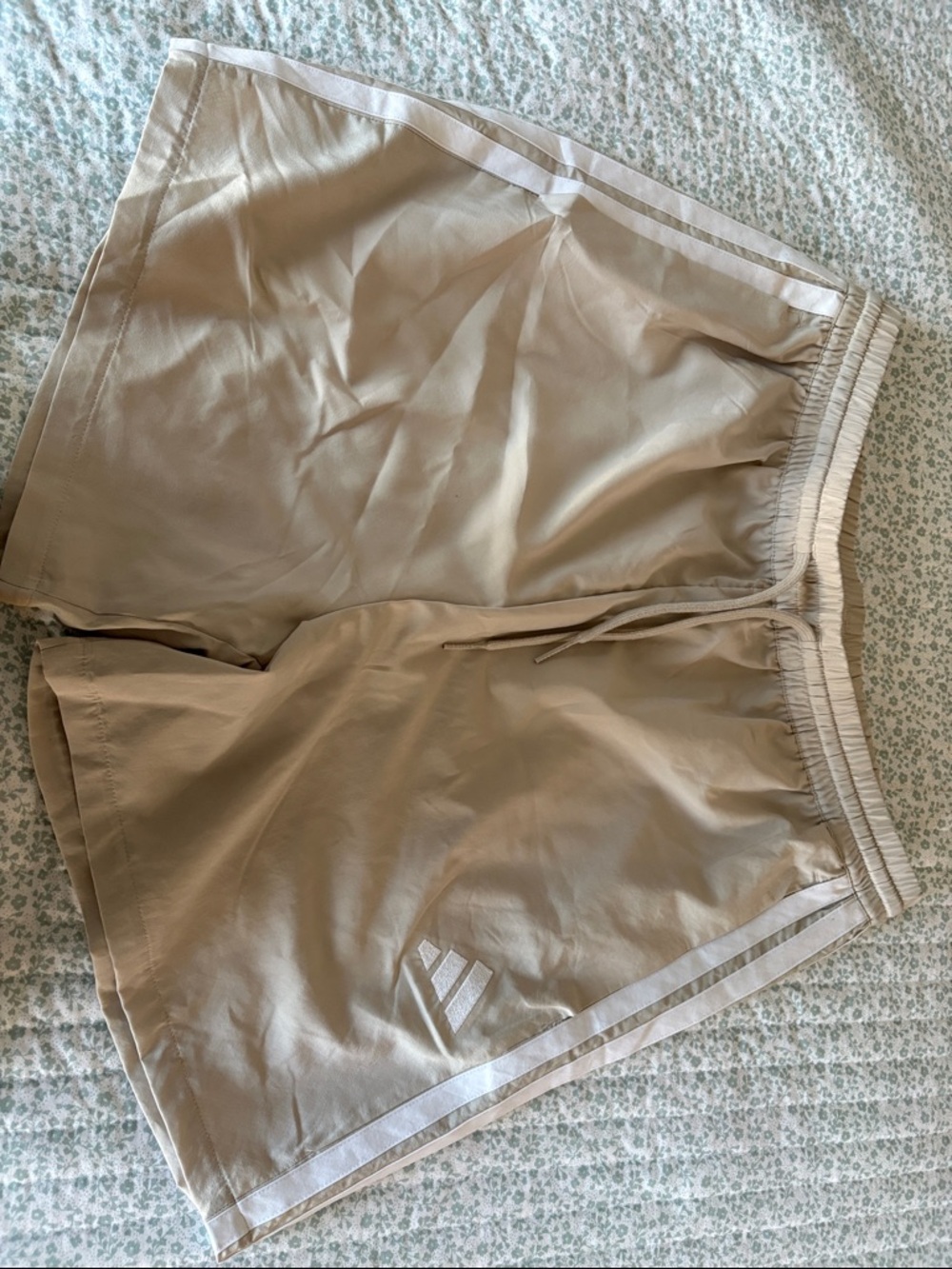 adidas Beige Athletic Shorts with White Side Stripes